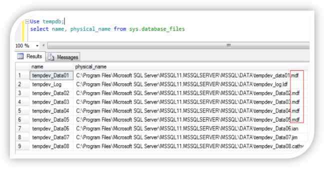 Showing that data files tempdev